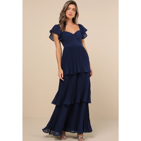 Lulus Dresses & Skirts - Lulus Notorious Charm Navy Blue Pleated Tiered Flutter Sleeve Maxi Dress NWT XL